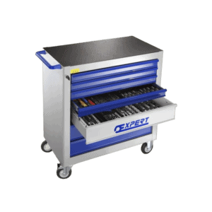 Facom 130mm drawer tool cabinet with blue drawers and a black top, on wheels, for workshop storage.
