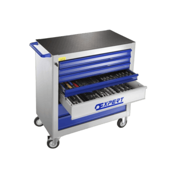 Facom 130mm drawer tool cabinet with blue drawers and a black top, on wheels, for workshop storage.