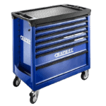 Blue Facom 7-drawer roller cabinet with 4 tray drawers and castor wheels for workshop storage.