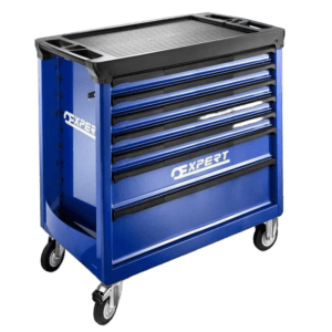 Blue Facom 7-drawer roller cabinet with 4 tray drawers and castor wheels for workshop storage.