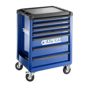 Blue Expert tool chest with multiple drawers and caster wheels, ideal for professional racewear storage and organisation.