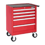Red Facom roller cabinet with five drawers and caster wheels, ideal for workshop storage.