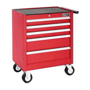 Red Facom roller cabinet with five drawers and caster wheels, ideal for workshop storage.