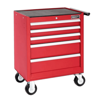 Red Facom roller cabinet with five drawers and caster wheels, ideal for workshop storage.