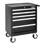 Black Facom roller cabinet with five drawers and lock, on caster wheels for mobility, ideal for workshop storage.