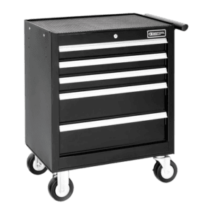 Black Facom roller cabinet with five drawers and lock, on caster wheels for mobility, ideal for workshop storage.