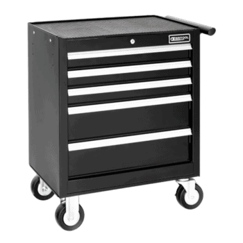 Black Facom roller cabinet with five drawers and lock, on caster wheels for mobility, ideal for workshop storage.