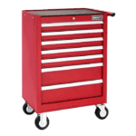 Red Facom 7-drawer roller cabinet with white handles and caster wheels for workshop storage.