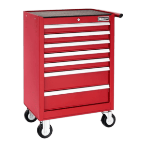 Red Facom 7-drawer roller cabinet with white handles and caster wheels for workshop storage.