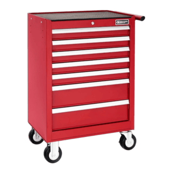 Red Facom 7-drawer roller cabinet with white handles and caster wheels for workshop storage.