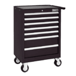 Facom 7-drawer roller cabinet in black with white handles, ideal for workshop storage and organisation.