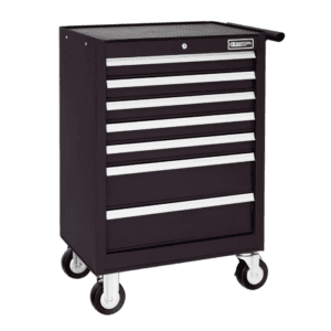 Facom 7-drawer roller cabinet in black with white handles, ideal for workshop storage and organisation.