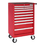 Red Facom 11-drawer roller cabinet with white handles and black wheels for tool storage.