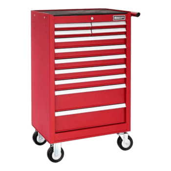 Red Facom 11-drawer roller cabinet with white handles and black wheels for tool storage.