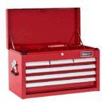 Red Britool toolbox with multiple drawers and a lock, ideal for garage or workshop use, featuring a sturdy design and ample storage space.