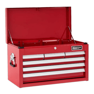 Red Britool toolbox with multiple drawers and a lock, ideal for garage or workshop use, featuring a sturdy design and ample storage space.