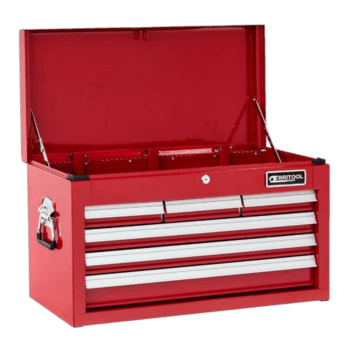Red Britool toolbox with multiple drawers and a lock, ideal for garage or workshop use, featuring a sturdy design and ample storage space.