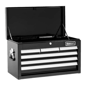 Black Britool tool chest with six drawers and a lock, featuring a transparent lid for easy access and organisation.