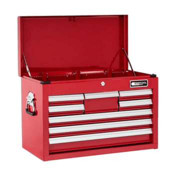 Red Facom Top Chest 8 Drawer tool cabinet with open lid, ideal for workshop storage.