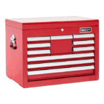 Red Britool tool chest with multiple drawers for garage or workshop storage.