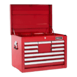 Red Britool toolbox with multiple drawers and an open top compartment, ideal for garage or workshop storage.