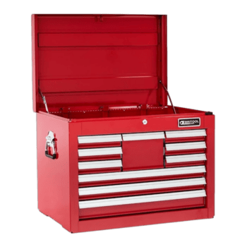 Red Britool toolbox with multiple drawers and an open top compartment, ideal for garage or workshop storage.