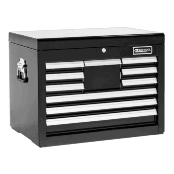 Britool tool chest with multiple drawers for professional garage storage, black colour, sturdy metal construction.