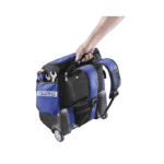 Blue and black racing gear bag with wheels, designed for motorsport equipment storage and transport.
