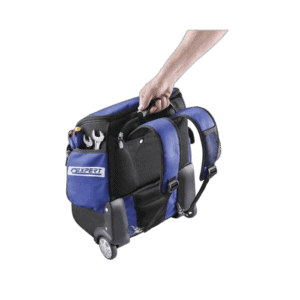 Blue and black racing gear bag with wheels, designed for motorsport equipment storage and transport.