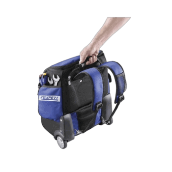 Blue and black racing gear bag with wheels, designed for motorsport equipment storage and transport.