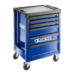 Expert blue 6-drawer roller cabinet with castors, ideal for workshop storage and organisation.