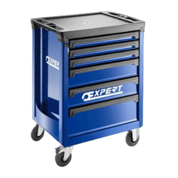 Expert blue 6-drawer roller cabinet with castors, ideal for workshop storage and organisation.