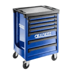 Blue Facom Expert roller cabinet with 7 drawers and caster wheels for workshop organisation.