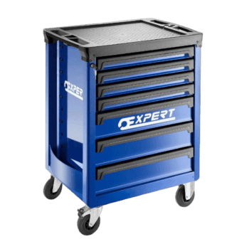 Blue Facom Expert roller cabinet with 7 drawers and caster wheels for workshop organisation.