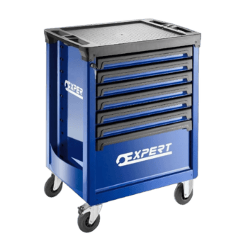 Xpert blue 7-drawer roller cabinet with 6+1 drawers and lockable top, ideal for workshop storage.