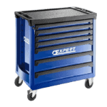 Blue Expert 7-drawer roller cabinet with black top and caster wheels, ideal for workshop storage.
