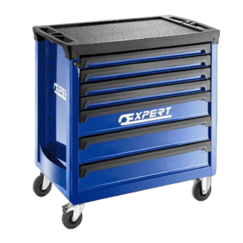 Blue Expert 7-drawer roller cabinet with black top and caster wheels, ideal for workshop storage.
