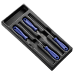 Set of four Facom screwdrivers with blue handles in a black foam-lined case for professional use.