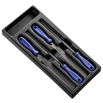 Set of four Facom screwdrivers with blue handles in a black foam-lined case for professional use.