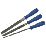 Set of three metal files with blue handles, suitable for precision filing tasks in workshops or industrial settings.
