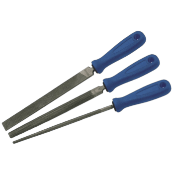 Set of three metal files with blue handles, suitable for precision filing tasks in workshops or industrial settings.