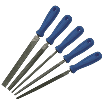 Set of five Facom files with blue handles and metal blades, used for filing and finishing tasks.
