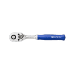Expert ratchet wrench with blue handle for professional automotive and racing applications.