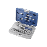 Facom 19 Piece 1/4" Sd Metric Socket Set E030700 with ratchet and accessories in a blue and grey case.