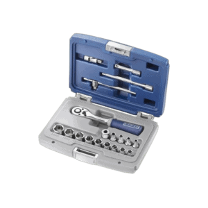 Facom 19 Piece 1/4" Sd Metric Socket Set E030700 with ratchet and accessories in a blue and grey case.