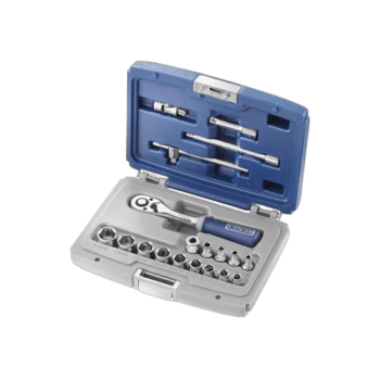 Facom 19 Piece 1/4" Sd Metric Socket Set E030700 with ratchet and accessories in a blue and grey case.