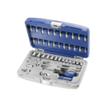 Facom 42-piece 1/4' socket set in a blue and grey case, including ratchet, extensions, and various sockets for versatile use.