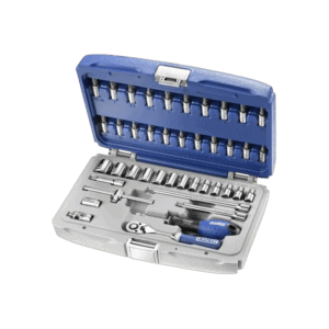 Facom 42-piece 1/4' socket set in a blue and grey case, including ratchet, extensions, and various sockets for versatile use.