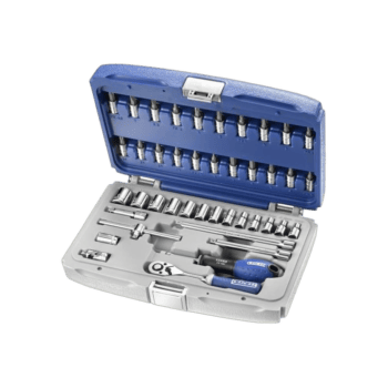 Facom 42-piece 1/4' socket set in a blue and grey case, including ratchet, extensions, and various sockets for versatile use.