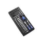 Set of Facom 1/4 socket tools including ratchets, sockets, and screwdrivers in a black tray for automotive or mechanical use.